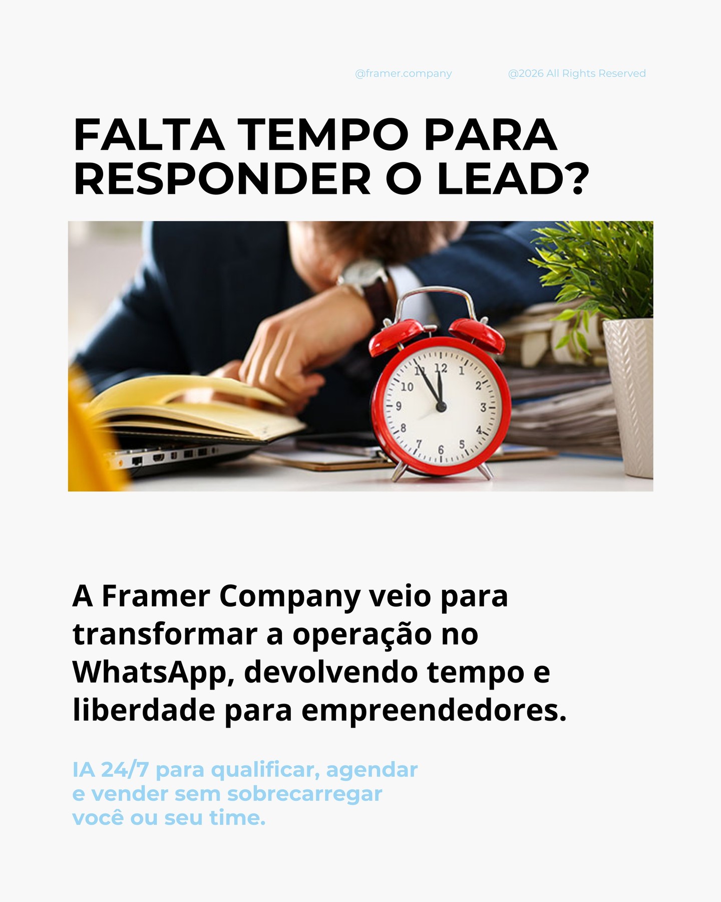 Pessoa cansada ao lado de um relógio e texto sobre responder leads